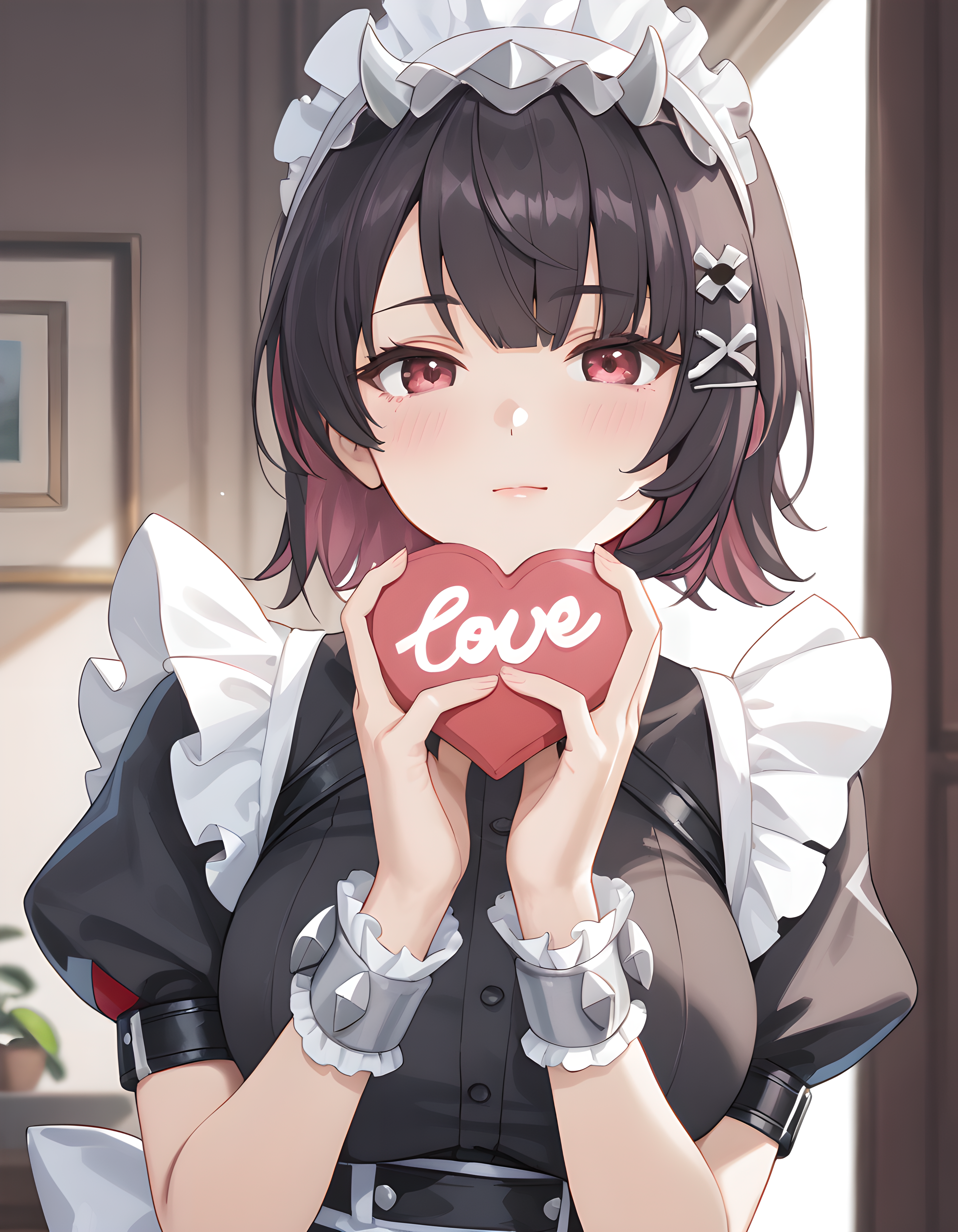 score_9,score_8_up,score_7_up, 1girl, ellen_joe, maid_headdress, black_dress, wrist_cuffs, puffy_short_sleeves, mole_under_eye, frilled_dress, black_pantyhose,   <lora:ellen_joe_pony:1> giving you heart, holding heart valentine, looking at viewer, standing, upper body, best quality