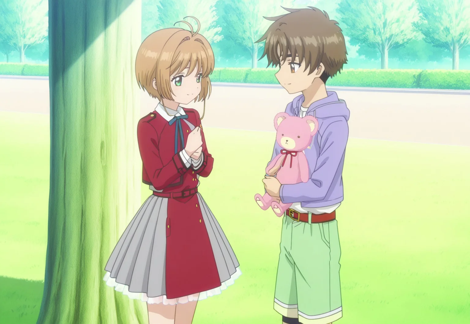 masterpiece, absurdres, highres, (anime screencap:2, anime coloring:2), official art, accurate art style, very aesthetic, flat colors, official screencap, style parody, proper proportions, CCS_Character-Pack, CCS_Clear Card, BREAK, 1girl, sakura kinomoto, brown hair, short hair, bangs, antenna hair, hair intakes, green eyes, lycoris uniform, two-tone dress, pleated dress, grey dress, dress, red dress, black socks, red belt, holding teddy bear, pink teddy bear, warm smile. other with male, BREAK, 1boy, syaoran li, brown hair, short hair, bangs, thick eyebrows, yellowish brown eyes, lavender hoodie, green shorts, warm smile, BREAK, hetero, couple, BREAK, detailed background, outdoors, park, trees, mid-afternoon, BREAK, cowboy shot, BREAK, vibrant colors, bloom, vignette, cinematic lighting, 75% soft lighting, 25% dark lighting