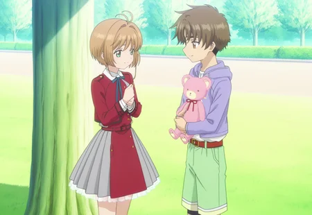masterpiece, absurdres, highres, (anime screencap:2, anime coloring:2), official art, accurate art style, very aesthetic, flat colors, official screencap, style parody, proper proportions, CCS_Character-Pack, CCS_Clear Card, BREAK, 1girl, sakura kinomoto, brown hair, short hair, bangs, antenna hair, hair intakes, green eyes, lycoris uniform, two-tone dress, pleated dress, grey dress, dress, red dress, black socks, red belt, holding teddy bear, pink teddy bear, warm smile. other with male, BREAK, 1boy, syaoran li, brown hair, short hair, bangs, thick eyebrows, yellowish brown eyes, lavender hoodie, green shorts, warm smile, BREAK, hetero, couple, BREAK, detailed background, outdoors, park, trees, mid-afternoon, BREAK, cowboy shot, BREAK, vibrant colors, bloom, vignette, cinematic lighting, 75% soft lighting, 25% dark lighting