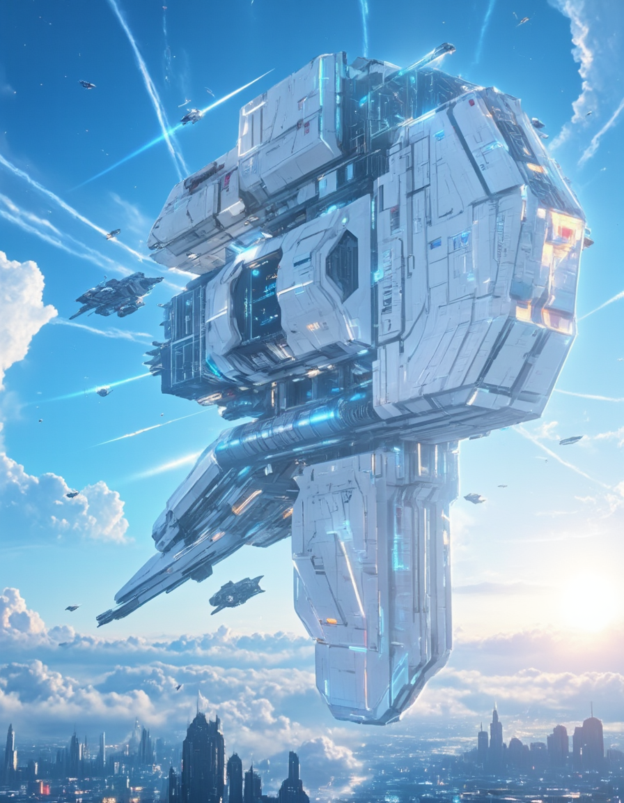 <lora:SW_Minis_3v2flux:1> A massive futuristic white mothership floating above a white cyberpunk city in the clouds, with the sun setting on the horizon. The mothership has a highly detailed and intricate design, featuring metallic structures, glowing blue lights, and various modules attached to its frame. Smaller spacecraft are seen flying around it, enhancing the scale and depth of the scene.
The blue sky is painted with streaks of light, possibly due to the reflection of sunlight on high-altitude winds or atmospheric phenomena. Some distant celestial bodies and spacecraft are visible in the background, suggesting a bustling sci-fi environment. The overall atmosphere exudes a sense of advanced technology, exploration, and interstellar travel. The aesthetic is a blend of cyberpunk and space opera themes, reminiscent of grand spacefaring narratives.  swminis3all, anime.