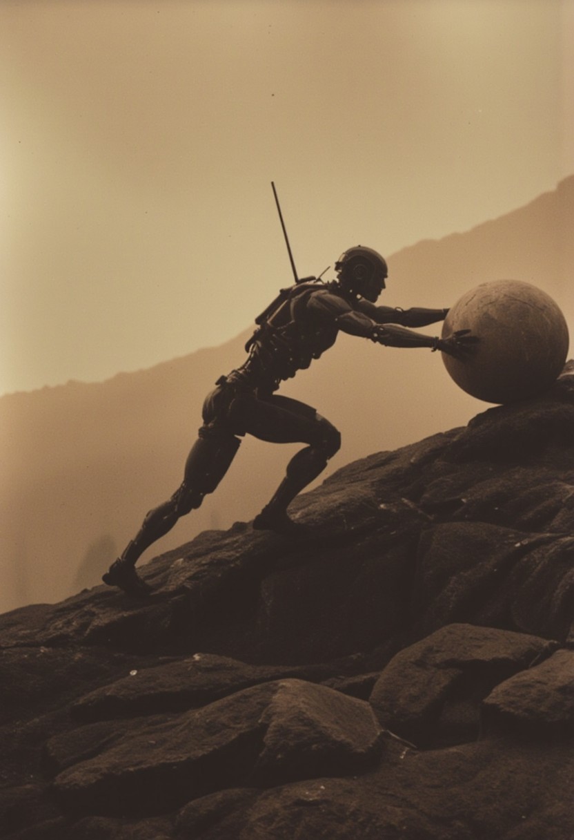 Capture the modern casual essence of Sisyphus Elysium robot as he relentlessly pushes a giant sphere up a desolate mountain slope. Explore the somber tones and bleak atmosphere in your depiction, emphasizing the eternal struggle and futility of his task from a side perspective.