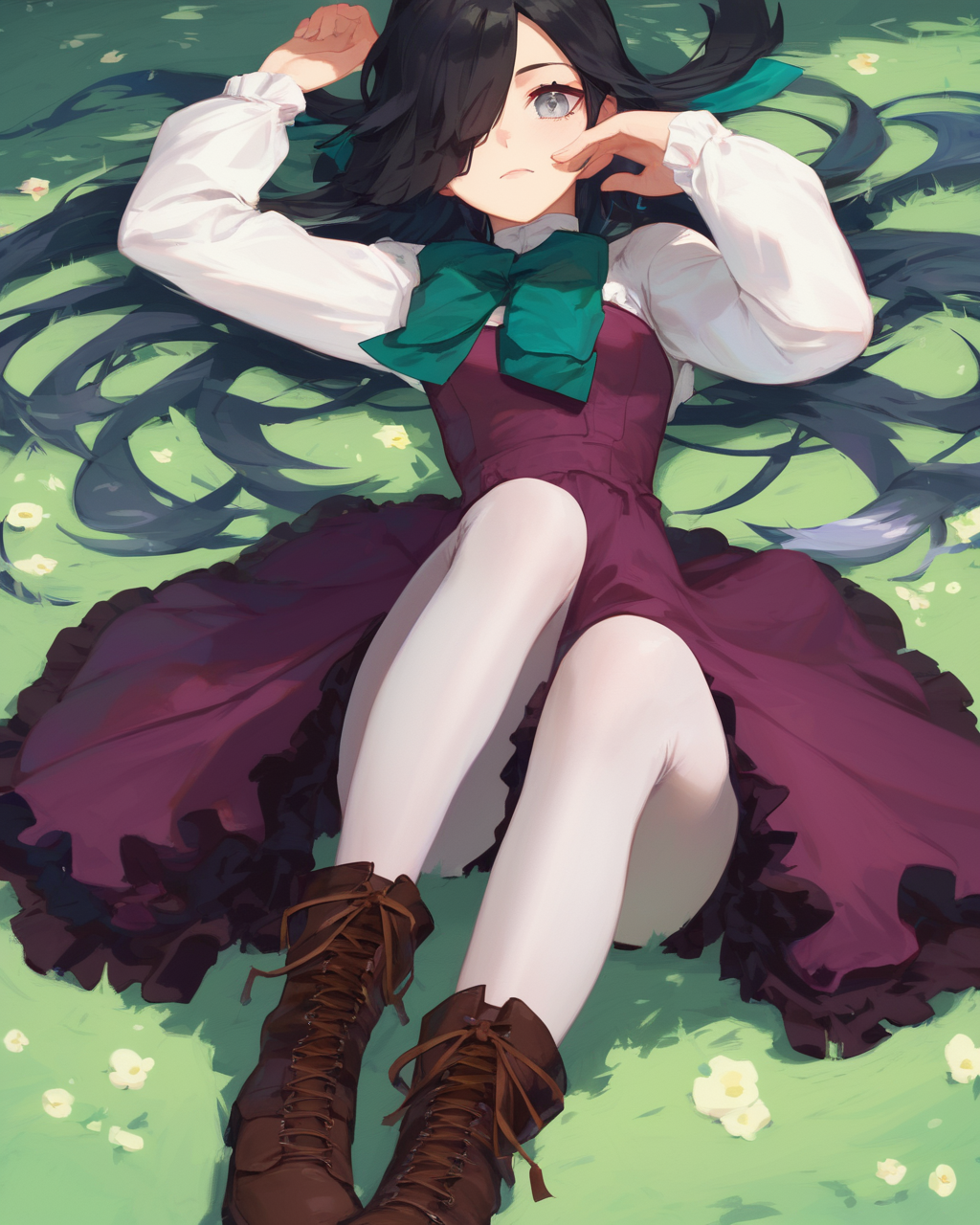 (zPDXL2), score_9, score_8_up, score_7_up, source_anime, 1girl, solo,
<lora:HayashimoPony:0.8>, HayashimoPony, long_hair, black_hair, grey_eyes, hair_over_one_eye, small_breasts, straight_hair, 
white_shirt, grey_pantyhose, dress, boots, cross-laced_footwear, purple_dress, green_bow, white_hair_ribbon |