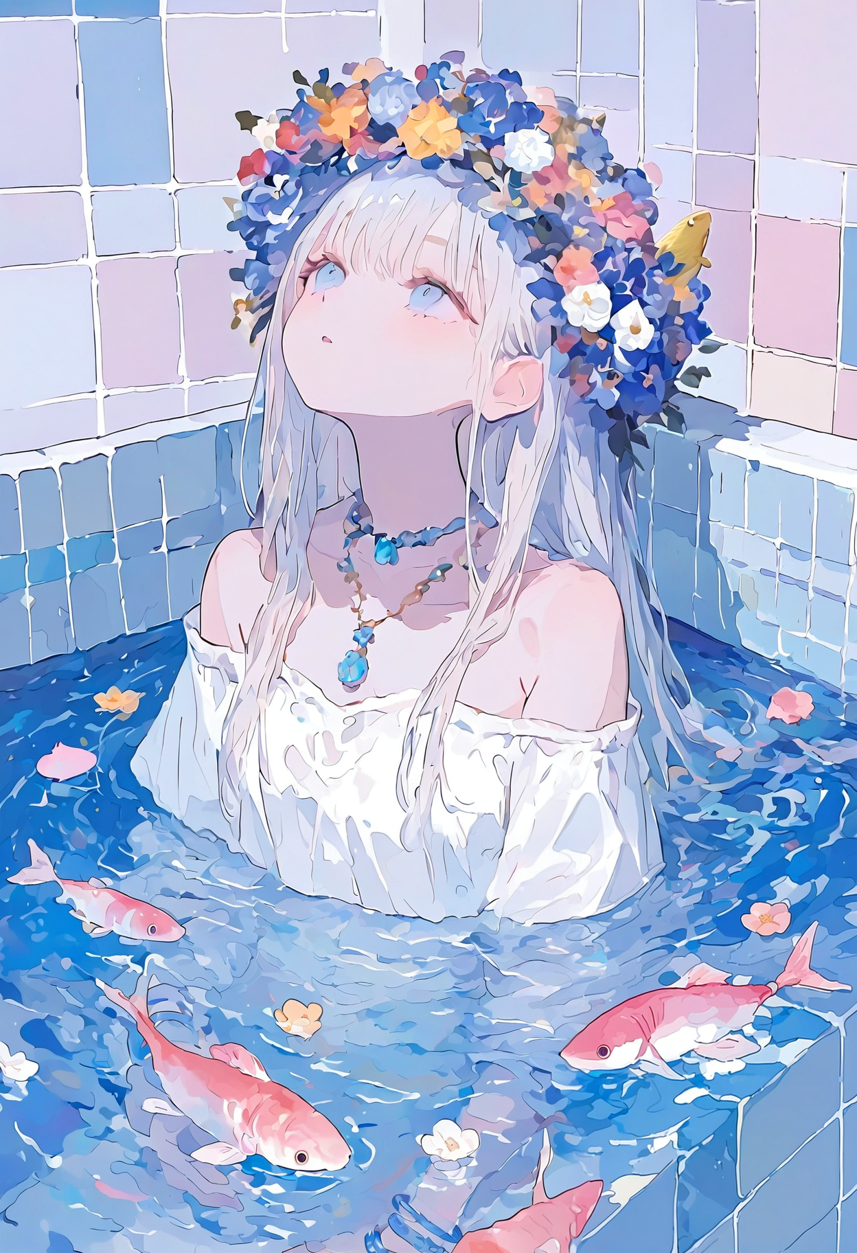<lora:MF9fMTFYeA==-noobaiXLNAIXL_epsilonPred_V110_V1-CAME>, MF9f, 1girl, looking up, solo, long hair, water, tile wall, white hair, jewelry, necklace, partially submerged, parted lips, bathtub, bare shoulders, off shoulder, shirt, surreal, head wreath, bracelet, blue eyes, fish, tiles, white shirt, dress, flower