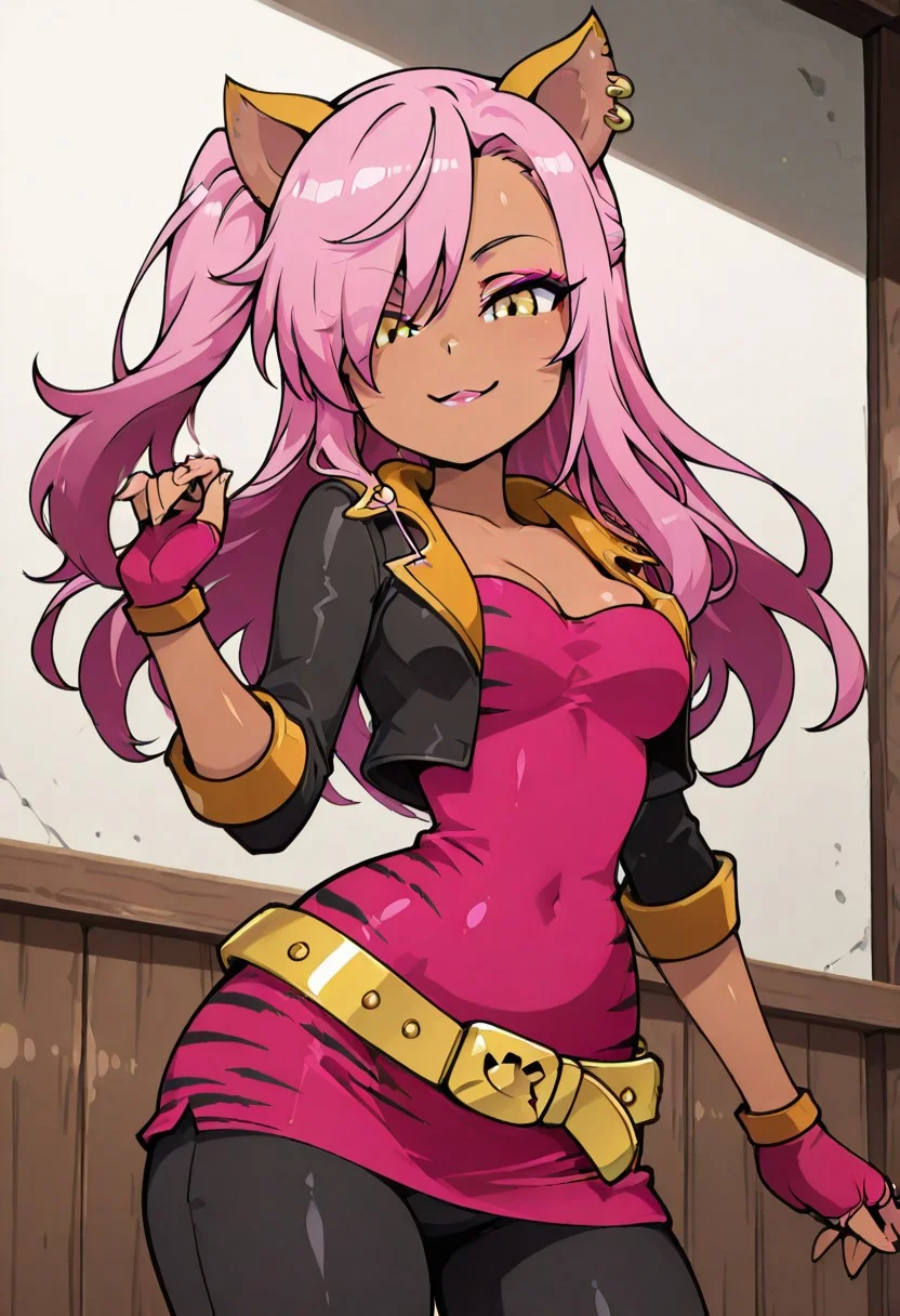 masterpiece, best quality, solo, curvy, beautiful eyes, narrow waist, wide hips, 1girl, solo, smile, looking at viewer, foreshortening, close up, anime screenshot,
zzKuro, yellow eyes, pink hair, long hair, one side up, dark skin,
cat ears, tiger ears, hair over one eye, makeup, gloves, jewelry, jacket, fingerless gloves, piercing, earrings, animal print, ear piercing, pink dress, black pants, C0utur3Cr4z3, cowboy shot, playful expression, looking at viewer,