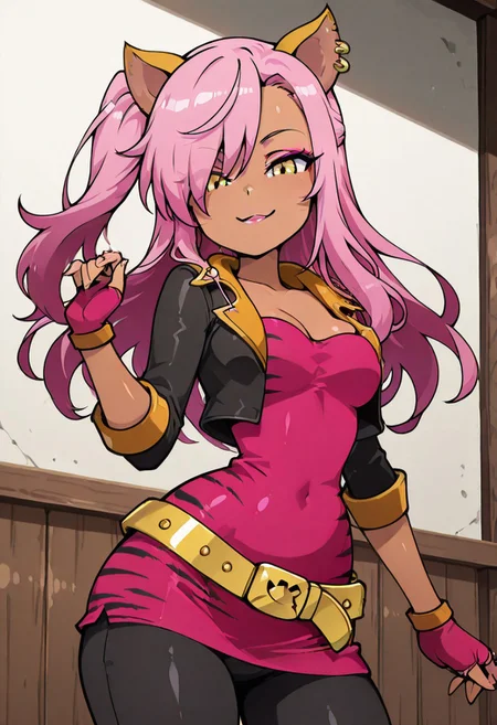 masterpiece, best quality, solo, curvy, beautiful eyes, narrow waist, wide hips, 1girl, solo, smile, looking at viewer, foreshortening, close up, anime screenshot,
zzKuro, yellow eyes, pink hair, long hair, one side up, dark skin,
cat ears, tiger ears, hair over one eye, makeup, gloves, jewelry, jacket, fingerless gloves, piercing, earrings, animal print, ear piercing, pink dress, black pants, C0utur3Cr4z3, cowboy shot, playful expression, looking at viewer,