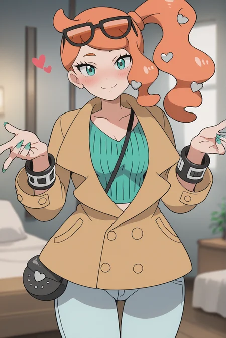 score_9, score_8_up, score_7_up, score_6_up, score_5_up, score_4_up, BREAK source_anime,
<lora:SoniaXL-v2-06:0.8>, ChopioSonia, long hair, orange hair, heart hair ornament, aqua eyes, eyelashes, looking at viewer,
green nails, side ponytail, eyewear on head, sunglasses,
medium breasts, wide hips, 
outfit_1, brown coat, partially unbuttoned, buttons, long sleeves, green crop top, ribbed shirt, strap between breasts, black handbag, bracelet, light blue skinny jeans,
bedroom, standing, seductive smile, blush,