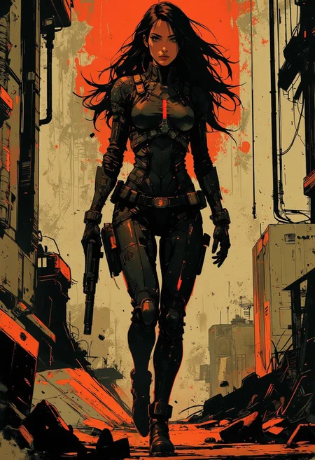 in the style of ck-mgs, nistyle, Inkplash art on rice paper, sepia, henna, Silhouette Art, magnificent, inksplash, closeup portrait, female bounty hunter, flowing black hair, reflective black and neon red armor, futuristic armor, futuristic rifle, walking towards viewer, holding up rifle, aiming rifle, holstered pistol, abstract background suggesting enclosed hallways of a futuristic spaceship, broken pannels and wires hanging off of the walls, eerie atmosphere, Cowboy Shot, close up,