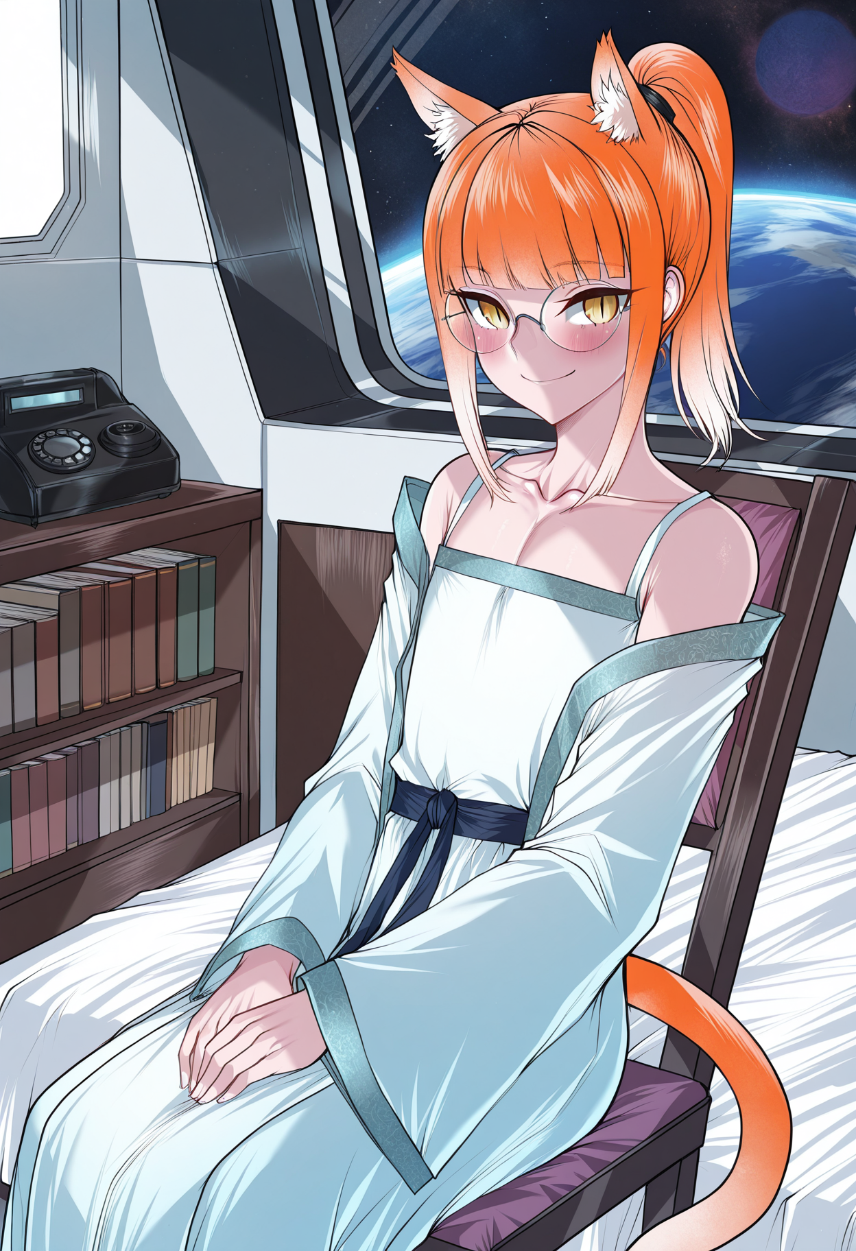 solo,
1boy, trap, flat chest, skinny, light orange cat ears, light orange cat tail, ponytail, air_ bangs, (light orange hair), yellow eyes, slit pupils, round glasses,
blue dress,hanfu,jewelry, off shoulder,wide sleeves,white dress,
spacecraft interior, detailed background, low light,
absurdres, space, indoors, cup of tea, bed sheet, phone, radio, chair, corded phone, bookshelf, planet,
cowboy shot, sitting on bed, blush, smile,
<lora:lungnutIL-style:1>,lungnut, masterpiece,best quality,amazing quality,