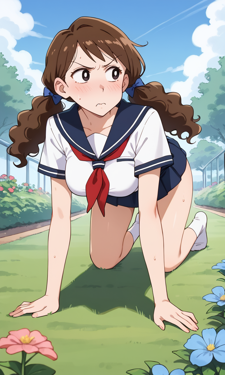 (1girl:1.5), (solo:1.3), (score_9, score_8_up, score_7_up, score_6_up, score_5_up, score_4_up), (source_anime), rating_questionable, (upper body:1.3),  full-face blush, outdoors, 
 (nohara-misae), (black eyes, brown hair, medium hair, curly hair, voluminous hair, fluffy hair, big hair, parody hair), (large breasts, wide hips, thick thighs), 
<lora:nohara-misae-misapi_v1:0.7> (curly low twintails:1.3), (blue hair bow, serafuku, blue sailor collar, red neckerchief, blue skirt, miniskirt, white socks), (looking away:1.5), (sweat:1.3),  (looking to the side:1.3),angry, 
(crawling, all fours,  involves lying flat on your stomach, using your elbows and knees to move forward, resident, garden:1.5), blue sky,