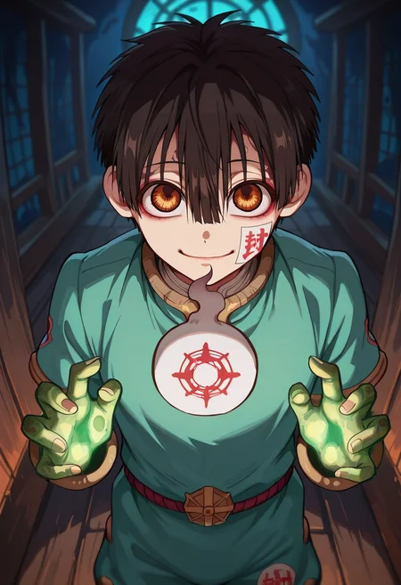 masterpiece, best quality, intricate details, semi-realistic, looking at viewer, 1boy, solo, male focus, <lora:hanako-kun_ilxl:0.92>, hanako-kun, black hair, brown eyes, short hair, hair between eyes, bangs, , , , cursed ship, rotting wood, glowing green mist, creaking sails, haunting pose, grim expression, spectral atmosphere, romper,