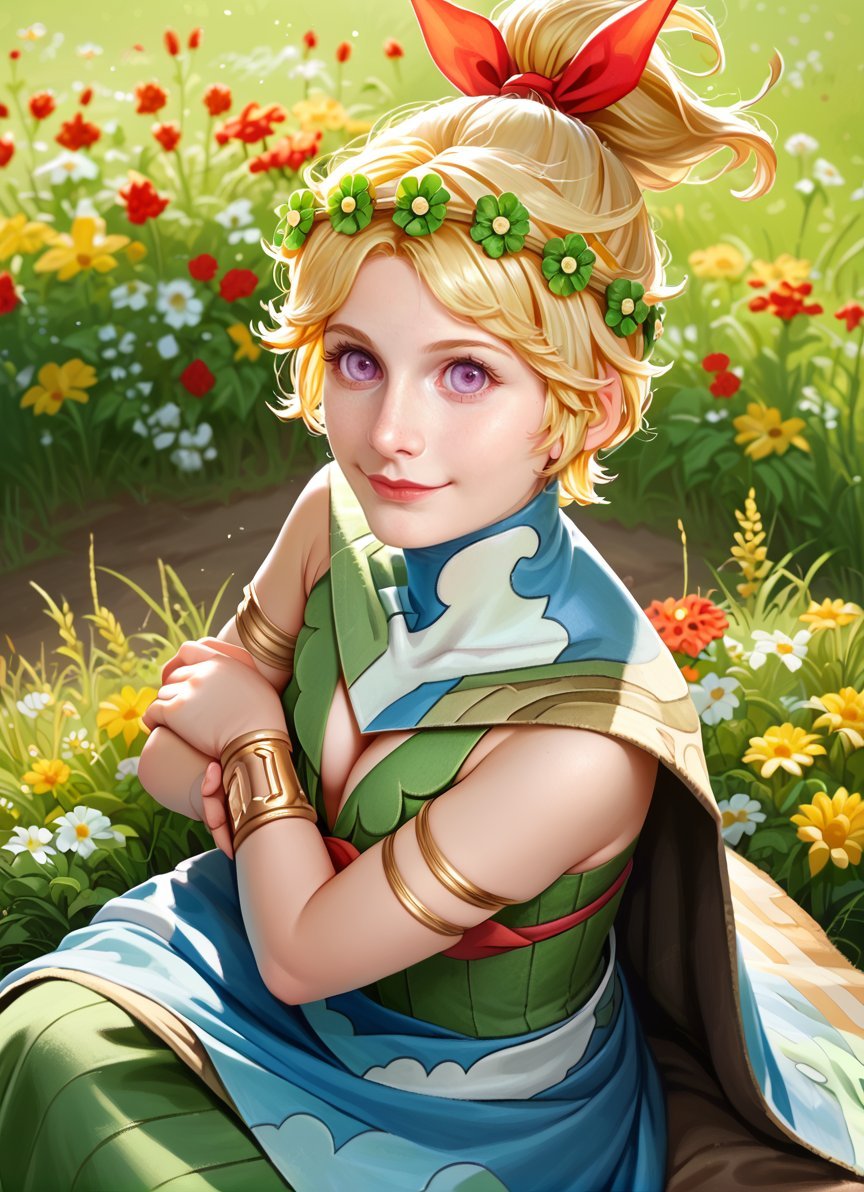 score_9, score_8_up, score_7_up,  1girl, solo, <lora:zs_DemeterXL:1> demetersmt, blonde hair, ponytail, head wreath, purple eyes, green dress, cleavage, cape, armlet, bracelet cowboy shot, field, surrounded by flowers, smile, sitting, blanket, hands on lap