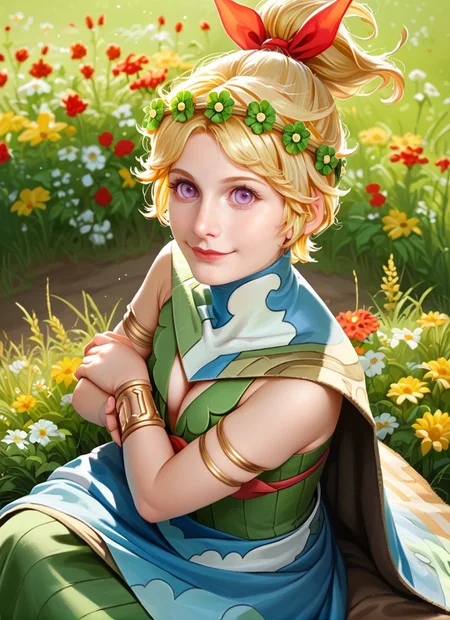 score_9, score_8_up, score_7_up, 1girl, solo, <lora:zs_DemeterXL:1> demetersmt, blonde hair, ponytail, head wreath, purple eyes, green dress, cleavage, cape, armlet, bracelet cowboy shot, field, surrounded by flowers, smile, sitting, blanket, hands on lap