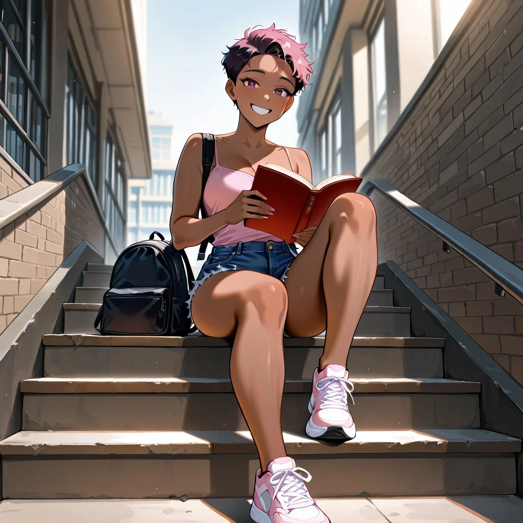 (masterpiece, newest, best quality, highly detailed, very awa, superfine illustration, official art style), very detailed face, hyperrealistic, (UHD quality details), 1girl, ebony_girl, thicc, sitting, sitting on steps, holding books, backpack, smiling, dark skin, dark-skinned female, denim cutoffs, pink tanktop, spaghetti straps, sneakers, short_natural, short hair, outdoors, bright sunshine, library building, depth of field, 8k uhd, absurdres, volumetric lighting, tack sharp focus, beautiful composition, intricate detail, professional illustration