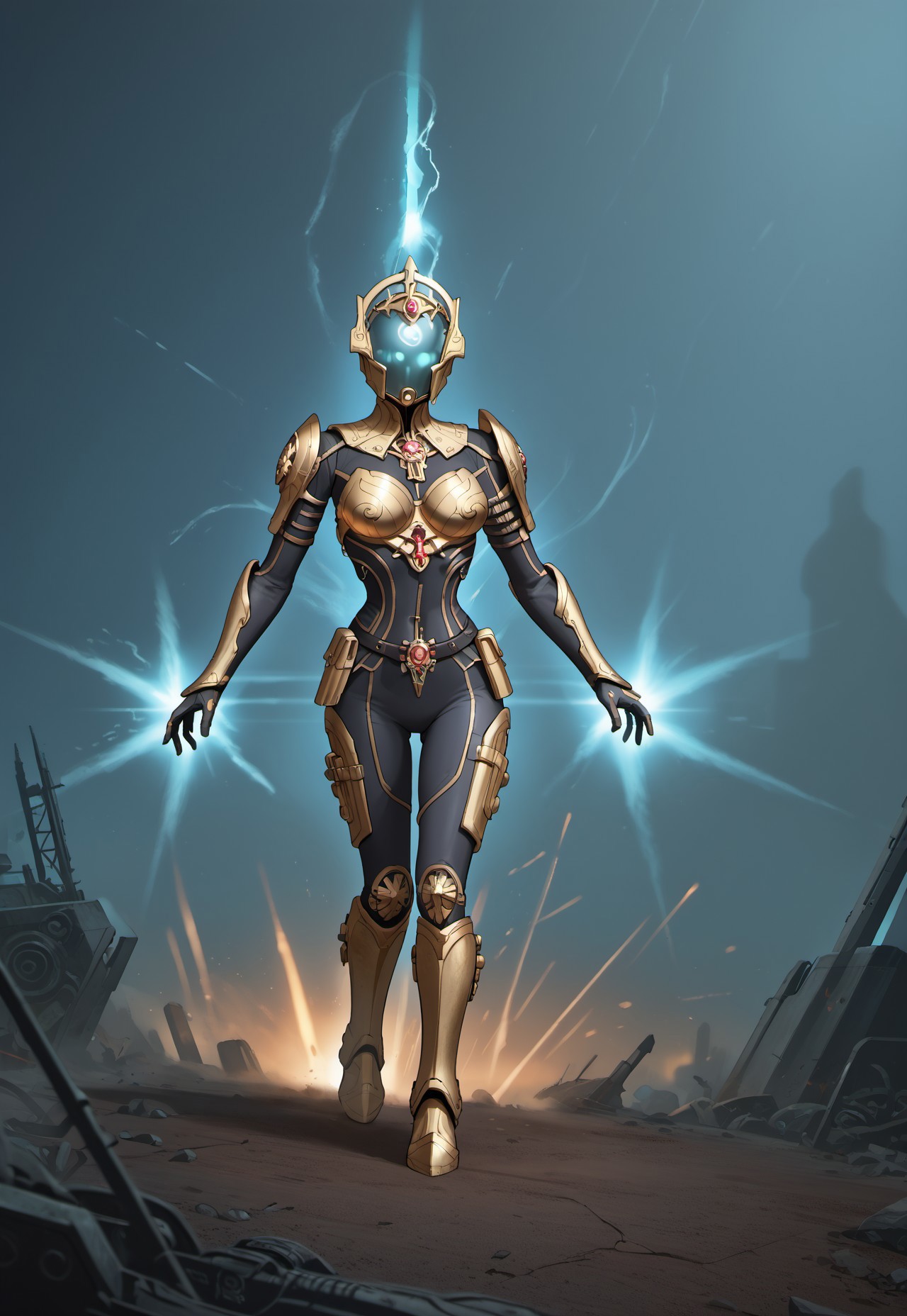 safe_pos, safe_pos, score_9, score_8_up, score_8,source_anime, A towering alien warrior stands in the shadows, exuding an aura of raw power and deadly precision. Its biomechanical armor, sleek yet menacing, is adorned with glowing energy veins pulsing in an eerie neon hue. Its elongated helmet, featuring a sharp, intricate design, conceals a face unknown to mortals, while its piercing, luminescent eyes glow like twin burning stars. Arcane symbols and battle scars are etched into its armor, telling tales of countless battles across galaxies. In its hands, it wields a high-tech, futuristic weapon—an elegant yet brutal fusion of energy and steel, humming with lethal potential. The environment around it is a dystopian battlefield, littered with remnants of fallen foes and illuminated by flickering alien glyphs. Swirling mist and electric storms crackle in the distance, framing the warrior in a scene of pure chaos and dominance. It stands motionless yet poised, a silent harbinger of destruction, a legendary Warframe forged for war.detailed eyes,anime-style, ultra-detailed, vibrant colors, high-quality shading, semi-realistic lighting,solo focus, european style, Expressiveh,easynegative