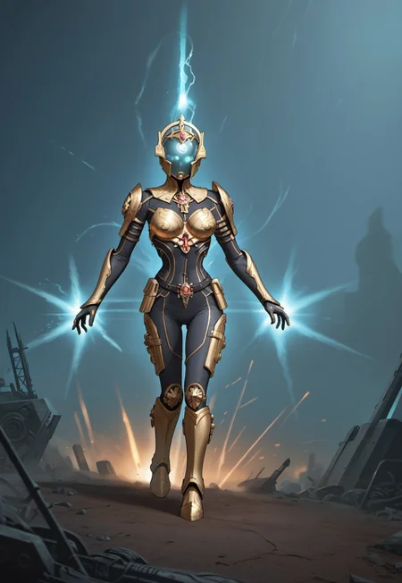 safe_pos, safe_pos, score_9, score_8_up, score_8,source_anime, A towering alien warrior stands in the shadows, exuding an aura of raw power and deadly precision. Its biomechanical armor, sleek yet menacing, is adorned with glowing energy veins pulsing in an eerie neon hue. Its elongated helmet, featuring a sharp, intricate design, conceals a face unknown to mortals, while its piercing, luminescent eyes glow like twin burning stars. Arcane symbols and battle scars are etched into its armor, telling tales of countless battles across galaxies. In its hands, it wields a high-tech, futuristic weapon—an elegant yet brutal fusion of energy and steel, humming with lethal potential. The environment around it is a dystopian battlefield, littered with remnants of fallen foes and illuminated by flickering alien glyphs. Swirling mist and electric storms crackle in the distance, framing the warrior in a scene of pure chaos and dominance. It stands motionless yet poised, a silent harbinger of destruction, a legendary Warframe forged for war.detailed eyes,anime-style, ultra-detailed, vibrant colors, high-quality shading, semi-realistic lighting,solo focus, european style, Expressiveh,easynegative