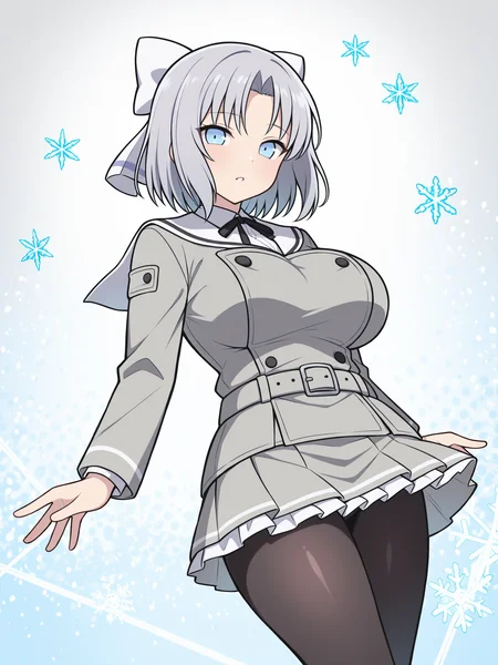 masterpiece, best quality, amazing quality, artist:[limberbreak], by limberbreak, thick outlines, bold outlines, heavy line art, graphic black lines, strong contours, black outlines
(solo:1.4), Yumi_IL, blue eyes, short grey hair, yumi's bang, white hair bow, large breasts, Yumi_Gessen, school uniform, white sailor collar, black neck ribbon, grey jacket, black buttons, grey skirt, skirt frills, grey belt, black pantyhose, grey loafers,
full body, floating, looking at viewer, snowflakes, parted lips, abstract background, energy, white white theme, universe, cowboy shot
<lora:SK_Yumi_IL:0.8>