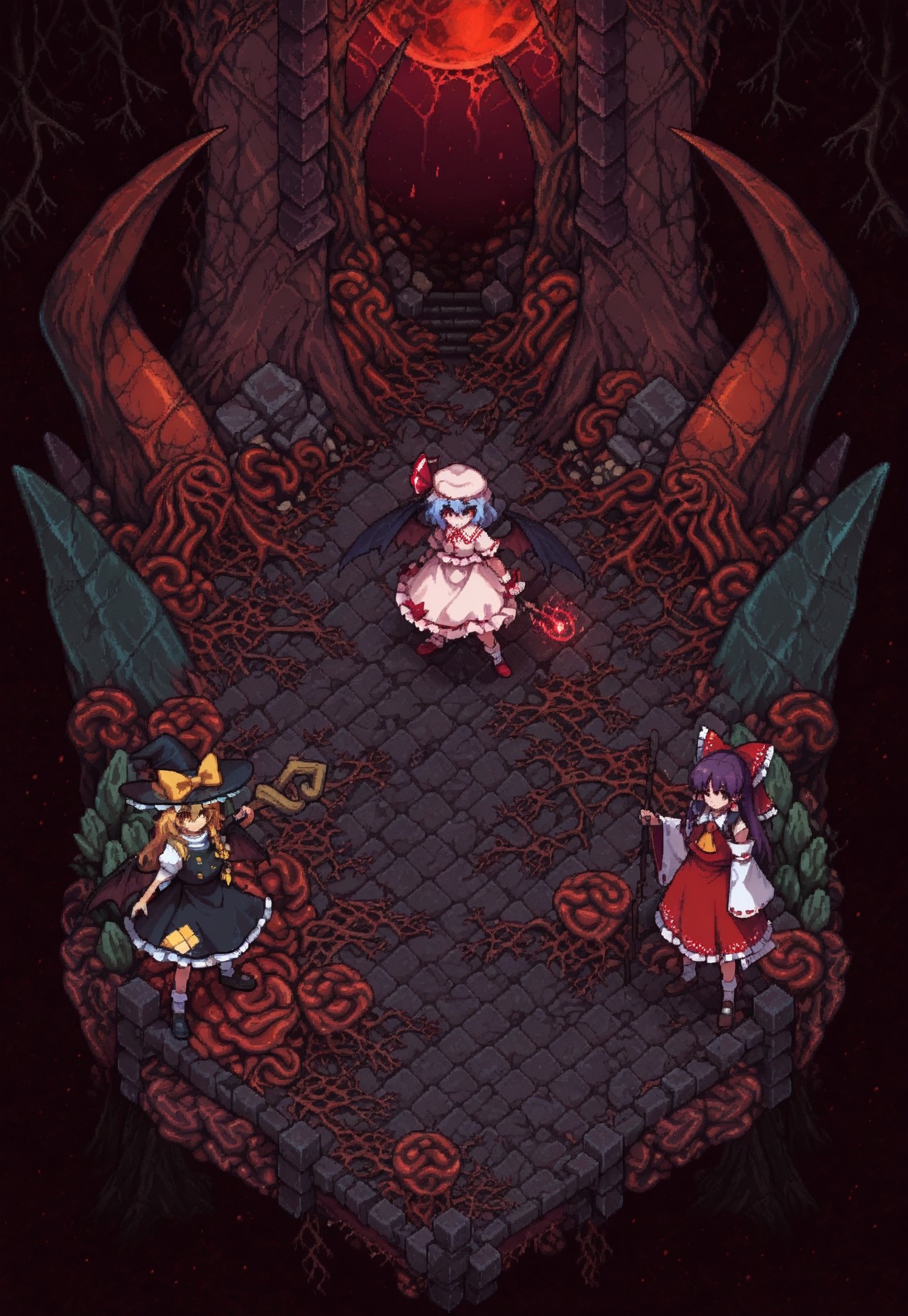 masterpiece, best quality,
sdxl_lightning_4step_lora_rank1,
isometric,patch,pixel_art, (detailed),
PARADOX PARALLAX, SCENERY, FROM ABOVE, FLESH, GROWTHS, CORRUPTION,
3girl, multiple girls, multiple different girls, 3 different girls,
(1girl, remilia scarlet, at the top),
(1girl. Hakurei reimu. at the bottom, holding a sword),
(1gir, marisa kirisame, at the bottom, holding a magic staff),
(wide shot:1.2), long shot, depth of field