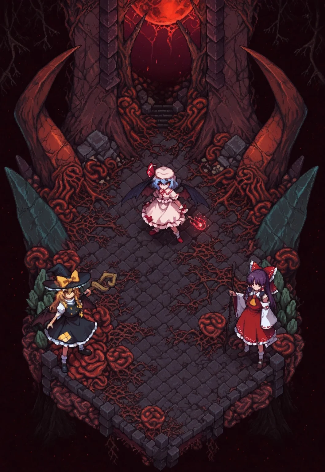 masterpiece, best quality,
sdxl_lightning_4step_lora_rank1,
isometric,patch,pixel_art, (detailed),
PARADOX PARALLAX, SCENERY, FROM ABOVE, FLESH, GROWTHS, CORRUPTION,
3girl, multiple girls, multiple different girls, 3 different girls,
(1girl, remilia scarlet, at the top),
(1girl. Hakurei reimu. at the bottom, holding a sword),
(1gir, marisa kirisame, at the bottom, holding a magic staff),
(wide shot:1.2), long shot, depth of field