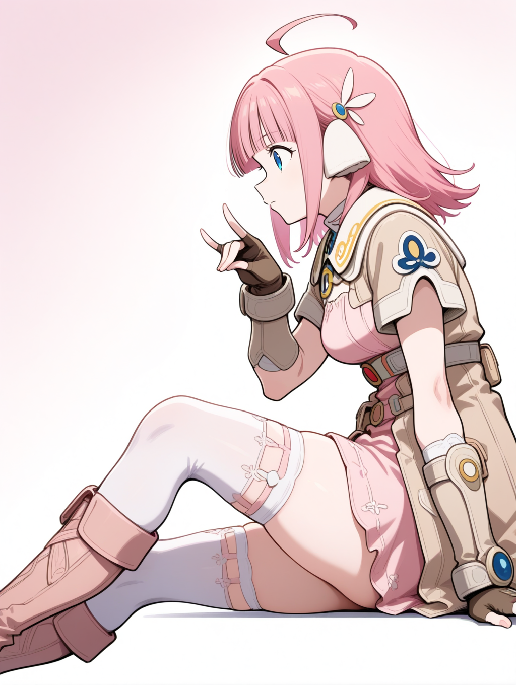perfect quality,best quality,absolutely eye-catching,ambient occlusion,raytracing BREAK
1girl,<lora:miki IL v1.1_1:0.9>,miki,pink hair,medium hair,blunt bangs,blue eyes,hair ornament,brown coat,short sleeves,pink dress,short dress,bracers,fingerless gloves,brown gloves,white thighhighs,boots,, from side, looking away,close-up,arched_back,fox_shadow_puppet,trefoil,sitting_backwards,