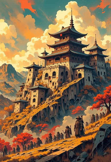 Japanese medieval castle on a hill with Japanese medieval soldiers and samurai in armour standing in formation in front of it, rolling hills and woodland, autumn, sunset. Impressionistic anime-style scene, Mixed art style, loose, painterly impressionist brushstrokes for depth and atmosphere, anime-style character details, ligne claire outlines for clarity and structure, In the style of ff-td, sm41l33 comic.