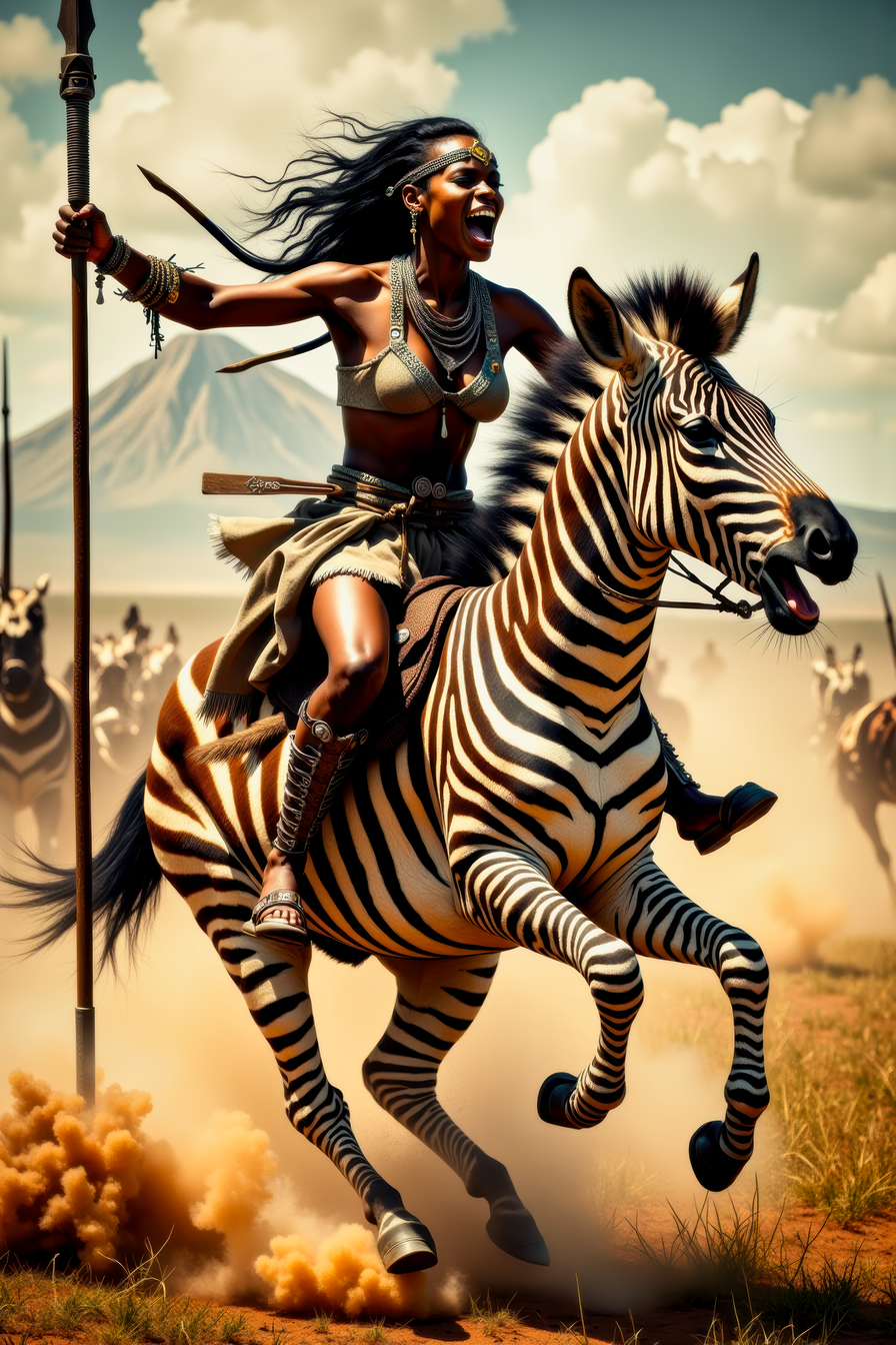 Real photograph of an African warrior woman,  black skin, Nubian, beautiful, breathtaking,  athletic, (small breasts:1.4),  earrings, necklace, wrist bands,  human feet wearing sandals,  dangerous, fierce, determined, battle hardened,  mounted atop an angry and ferocious zebra,  charging into battle with lowered spear, shield and spear bearing war decorations,  fierce angry painted face full of rage, yelling fierce war cries,  African Savannah with mount Kilimanjaro in the background,  intricate details, masterpiece, elegant, complex patterns,  (full body shot from head to toe:1.6), environmental wide angle,  dramatic and dynamic morning lighting, intense atmosphere,   <BaroqueColorful:0.72>