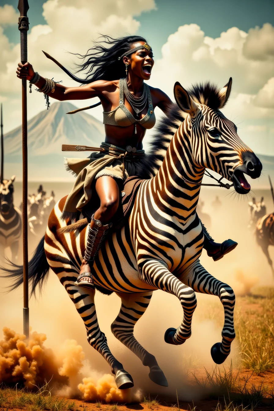 Real photograph of an African warrior woman, black skin, Nubian, beautiful, breathtaking, athletic, (small breasts:1.4), earrings, necklace, wrist bands, human feet wearing sandals, dangerous, fierce, determined, battle hardened, mounted atop an angry and ferocious zebra, charging into battle with lowered spear, shield and spear bearing war decorations, fierce angry painted face full of rage, yelling fierce war cries, African Savannah with mount Kilimanjaro in the background, intricate details, masterpiece, elegant, complex patterns, (full body shot from head to toe:1.6), environmental wide angle, dramatic and dynamic morning lighting, intense atmosphere, <BaroqueColorful:0.72>