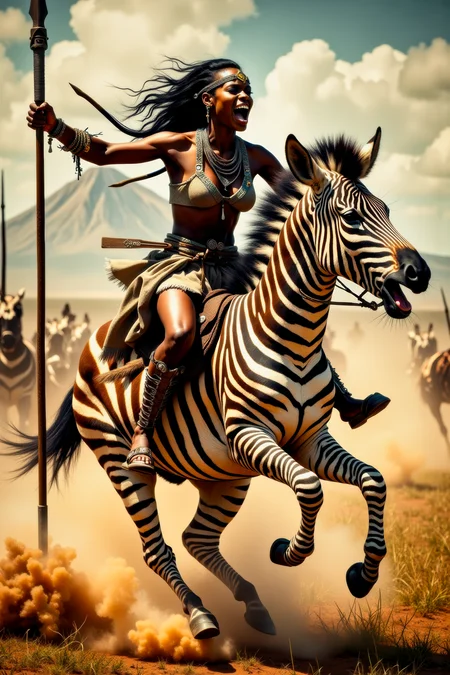 Real photograph of an African warrior woman, black skin, Nubian, beautiful, breathtaking, athletic, (small breasts:1.4), earrings, necklace, wrist bands, human feet wearing sandals, dangerous, fierce, determined, battle hardened, mounted atop an angry and ferocious zebra, charging into battle with lowered spear, shield and spear bearing war decorations, fierce angry painted face full of rage, yelling fierce war cries, African Savannah with mount Kilimanjaro in the background, intricate details, masterpiece, elegant, complex patterns, (full body shot from head to toe:1.6), environmental wide angle, dramatic and dynamic morning lighting, intense atmosphere, <BaroqueColorful:0.72>