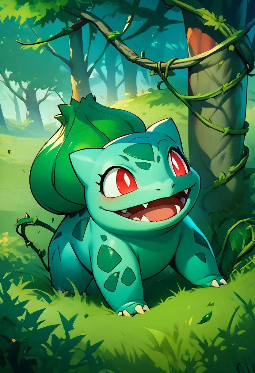 score_9, score_8_up, score_7_up,  vivid bright colors, 
zzBulbasaur, smile, open mouth, red eyes, outdoors, day, tongue, tree, leaf, grass, bright pupils, white pupils, branch, vines