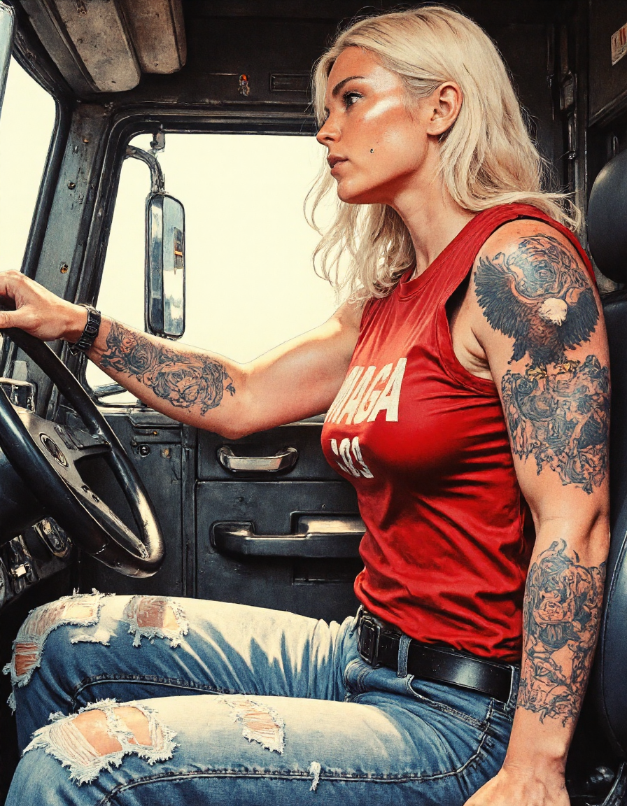 Peterbilt 379 Trucks, strong karolineleavitt woman with big fist is driving a truck, the woman has a red MAGA shirt, and an eagle tattoo on his shoulder, power and strengths, a rebellious karolineleavitt woman. One hand is on the steering wheel, the other hand holds a gun, a magnum 44.  Captured from a three-quarter angle, emphasizing both their expression and background behind. The clothes are worn and the pre-washed and torn jeans have oil stains.  <lora:CPA:0.7> <lora:RetroAnimeFluxV1:0.7> <lora:Mezzotint_Artstyle_for_Flux_-_by_Ethanar:0.7> anime <lora:Karoline_Leavitt_FLUX:1>