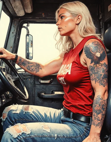 Peterbilt 379 Trucks, strong karolineleavitt woman with big fist is driving a truck, the woman has a red MAGA shirt, and an eagle tattoo on his shoulder, power and strengths, a rebellious karolineleavitt woman. One hand is on the steering wheel, the other hand holds a gun, a magnum 44.  Captured from a three-quarter angle, emphasizing both their expression and background behind. The clothes are worn and the pre-washed and torn jeans have oil stains.  <lora:CPA:0.7> <lora:RetroAnimeFluxV1:0.7> <lora:Mezzotint_Artstyle_for_Flux_-_by_Ethanar:0.7> anime <lora:Karoline_Leavitt_FLUX:1>
