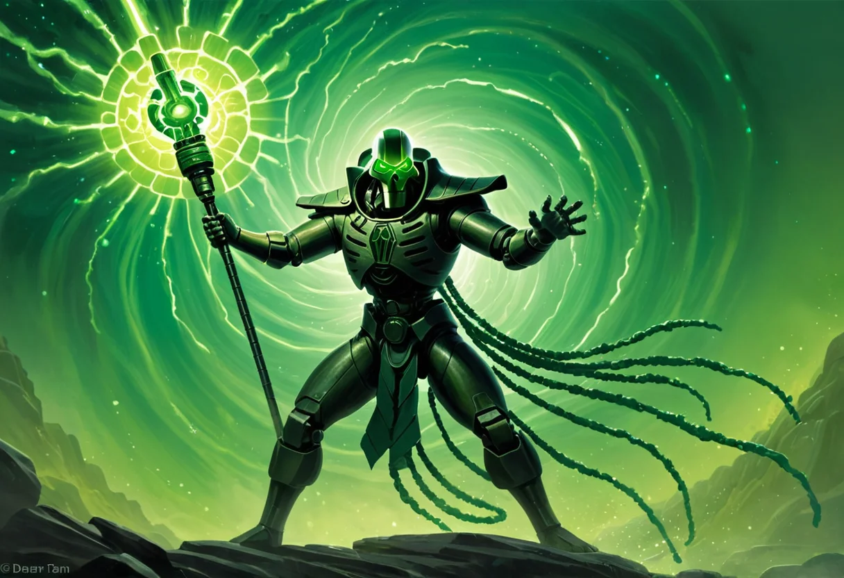 A painting of a Cryptek in combat. He is standing in a wide, dynamic pose, his legs spread shoulder-width apart and his arms outstretched. He is holding a staff in his right hand, and his left hand is raised in the air. The staff is glowing with green energy, and the Cryptek's eyes are also glowing green. He is wearing a dark robe, and his face is hidden by a mask. The background is a dark, swirling vortex of green energy. By Darren Tan.
<lora:Necron-000008:1>