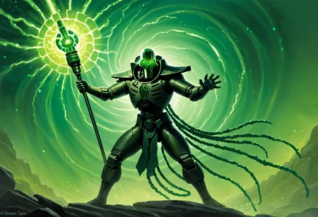 A painting of a Cryptek in combat. He is standing in a wide, dynamic pose, his legs spread shoulder-width apart and his arms outstretched. He is holding a staff in his right hand, and his left hand is raised in the air. The staff is glowing with green energy, and the Cryptek's eyes are also glowing green. He is wearing a dark robe, and his face is hidden by a mask. The background is a dark, swirling vortex of green energy. By Darren Tan.
<lora:Necron-000008:1>