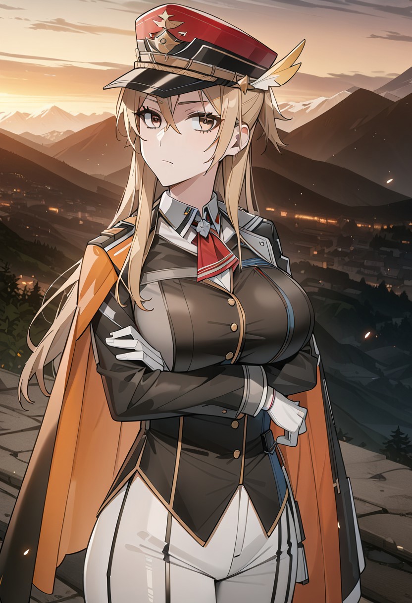 (ultra high res),score_9,score_8_up,expressive,(((masterpiece))),(incredibly_quality),(best_quality),(highly_detailed),((perfect_face)),anime,2d, source_anime, anime_style,Perfect Hands,
hige detailed,
face_detail,
eyes_detail,
lustrous_skin,
skindentation,((big cap,huge Cylinder cap)),
white cape, boots, military uniform,
(straight pants,light grey pants),white pleats,(peaked cap),high collar, standing, 
yellow feather decoration,(suit lapels), orange cape lining, jacket,
(third3A uniform),crossed arms, arms under breasts,
feather decoration,decorative trim,detailed design, pants, white gloves,
(black coat,black jacket, grey jacket),small cape,black cape, red cape,red and black headwear,side cape,clothing detailed,
polyester material,(fabric texture),
solo focus,
outdoors,alps background,soft light,
1 girl,1 girl only,girl in (third3A uniform:1.6),winter,sunny,bokeh, real shadow,
brown hair,brown eyes, white skin,an extremely delicate and beautiful lady,
<lora:SpaceBattleshipYamato2199_MoriYuki:0.8>,MoriYuki,blonde hair, long hair, brown eyes,mature female, blunt bangs, long hair,(Expressionless,close up,upper shot,face focus,looking at viewer,)