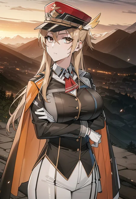 (ultra high res),score_9,score_8_up,expressive,(((masterpiece))),(incredibly_quality),(best_quality),(highly_detailed),((perfect_face)),anime,2d, source_anime, anime_style,Perfect Hands,
hige detailed,
face_detail,
eyes_detail,
lustrous_skin,
skindentation,((big cap,huge Cylinder cap)),
white cape, boots, military uniform,
(straight pants,light grey pants),white pleats,(peaked cap),high collar, standing, 
yellow feather decoration,(suit lapels), orange cape lining, jacket,
(third3A uniform),crossed arms, arms under breasts,
feather decoration,decorative trim,detailed design, pants, white gloves,
(black coat,black jacket, grey jacket),small cape,black cape, red cape,red and black headwear,side cape,clothing detailed,
polyester material,(fabric texture),
solo focus,
outdoors,alps background,soft light,
1 girl,1 girl only,girl in (third3A uniform:1.6),winter,sunny,bokeh, real shadow,
brown hair,brown eyes, white skin,an extremely delicate and beautiful lady,
<lora:SpaceBattleshipYamato2199_MoriYuki:0.8>,MoriYuki,blonde hair, long hair, brown eyes,mature female, blunt bangs, long hair,(Expressionless,close up,upper shot,face focus,looking at viewer,)