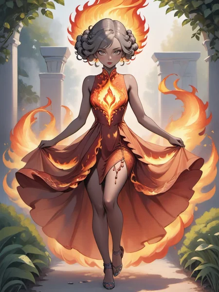 Watercolor painting beautiful woman wearing a (phoenix dress) Lunging in a garden, <lora:xl_phoenix_dress-1.0:0.8>,
8k, masterpiece, highly detailed, solo,
determined,
Bantu Knots,
Salt and Pepper (Gray) hair, . Vibrant, beautiful, painterly, detailed, textural, artistic
