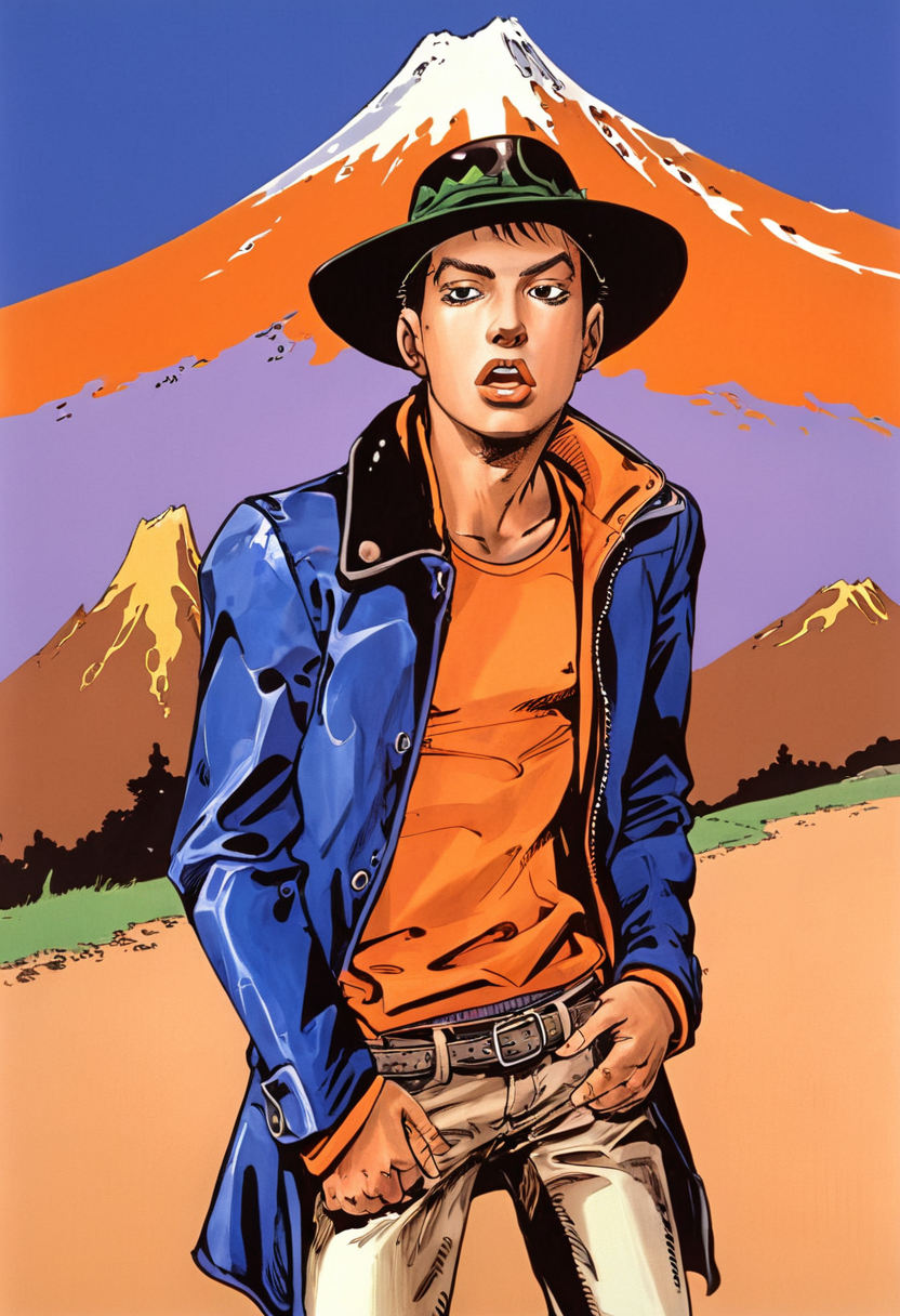 cowboy standing with funny face expression, with hat and jacket, orange mountain in background, by araki hirohiko   <lora:araki_hirohiko-000009:0.7>   <lora:hand 4:0.4>