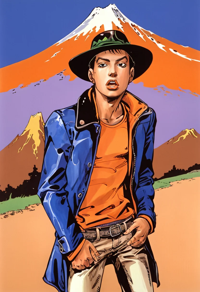 cowboy standing with funny face expression, with hat and jacket, orange mountain in background, by araki hirohiko <lora:araki_hirohiko-000009:0.7> <lora:hand 4:0.4>