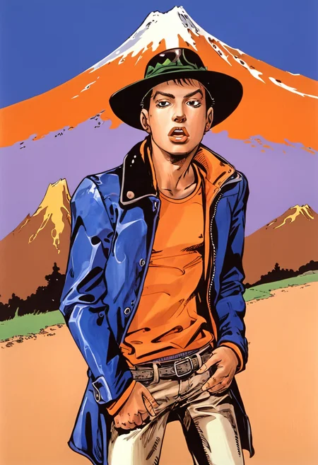 cowboy standing with funny face expression, with hat and jacket, orange mountain in background, by araki hirohiko   <lora:araki_hirohiko-000009:0.7>   <lora:hand 4:0.4>