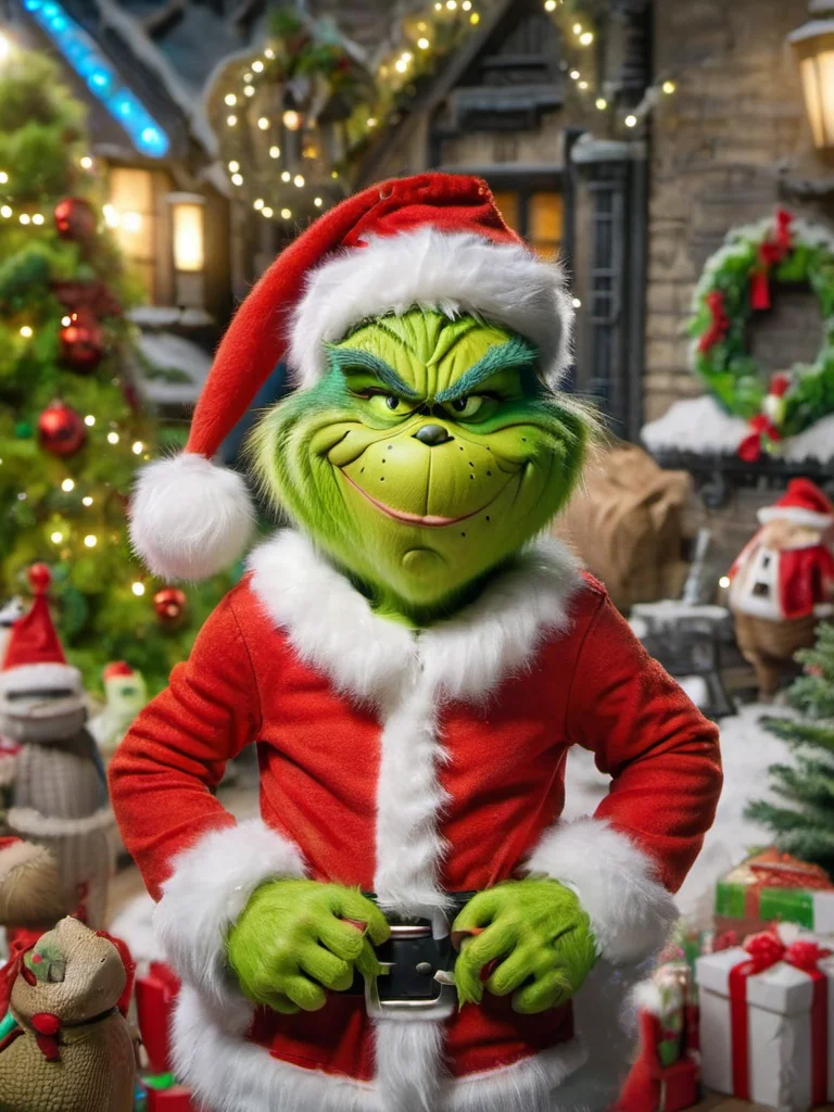ral-santa, grinch santa, santa claus, a whimsical and mischievous green santa, about to steal your presents, whimsical and mischievous <lora:ral-santa-sdxl:1>