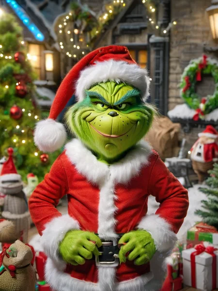 ral-santa, grinch santa, santa claus, a whimsical and mischievous green santa, about to steal your presents, whimsical and mischievous <lora:ral-santa-sdxl:1>