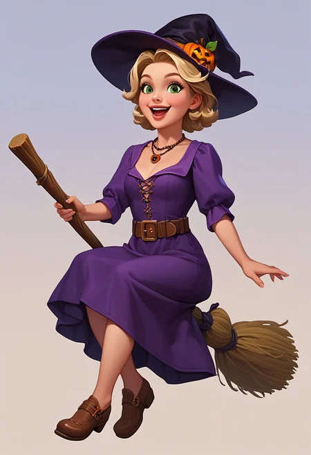 score_9, score_8_up, score_7_up, masterpiece, best quality, detailed eyes, detailed face, perfect eyes, high detailed, absurdres, highres, casual game art, mobile game art, merge 3 game art, character design, mgas, BREAK 1girl, blonde hair, solo, witch hat, smile, open mouth, broom riding, purple dress, halloween, tree, belt, green eyes, looking at viewer, :d, necklace, brown footwear, full body