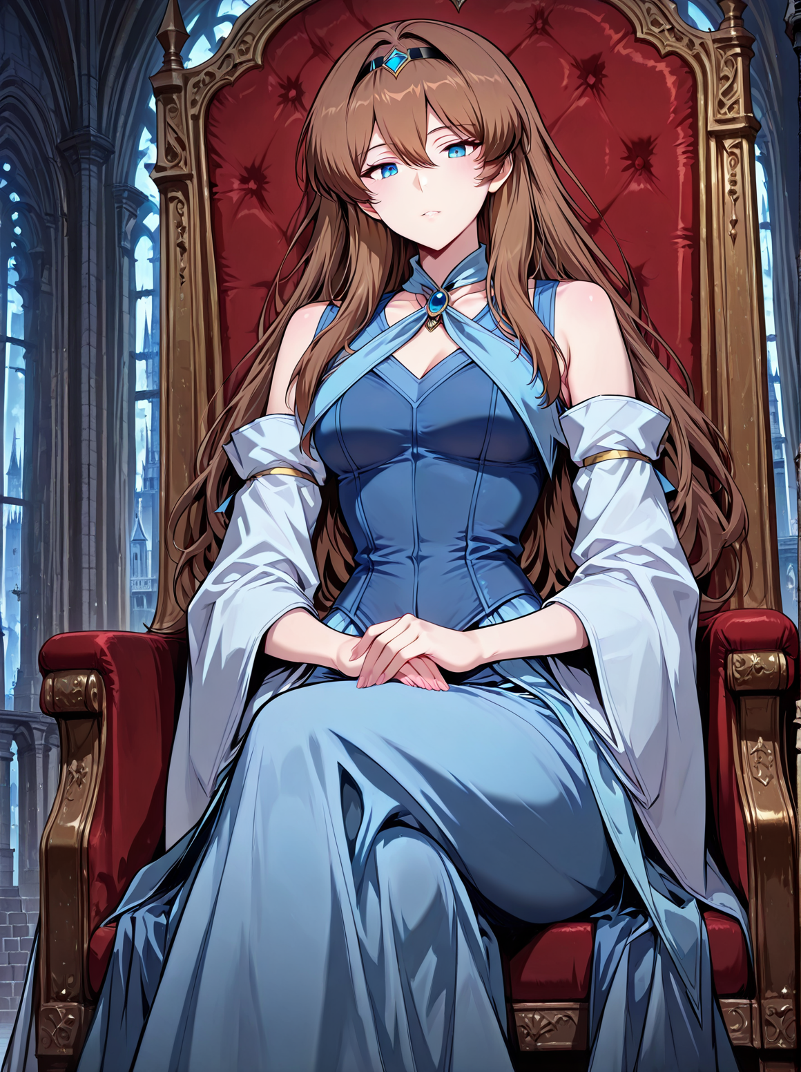 <lora:Anjac_Protesia__The_Knight_King_Who_Returned_with_a_God__Illustrious:1>
brown hair, long hair, hair between eyes, bangs, blue eyes
blue dress,  detached sleeves, hairband, skirt, long dress, wide sleeves, bare shoulders,
(Anime_source),Masterpiece,(perfect female body:1.2), small waist,(incredibly detailed:1.4), slim, beautiful fingers, parted lips, looking at viewer, sitting on throne, crossed legs, castle room background, <lora:iLLMythG0thicL1nes:1>