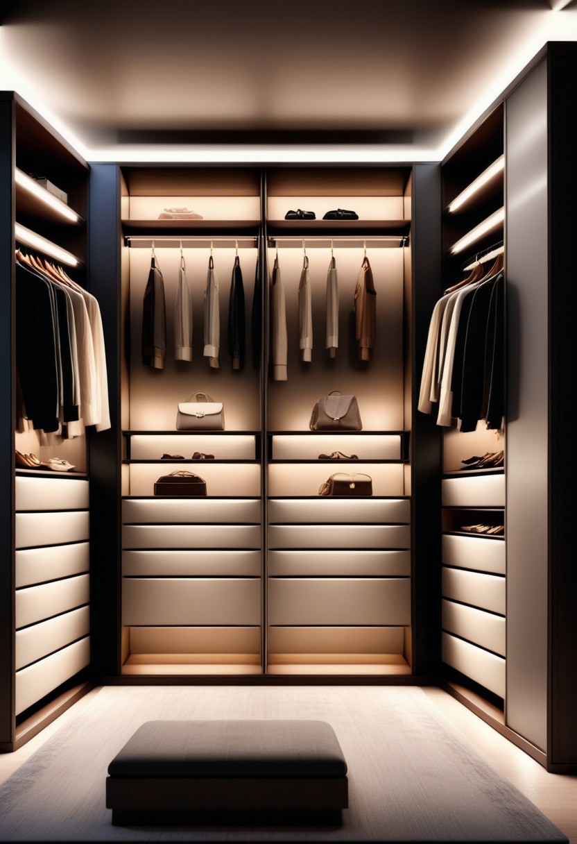 a Jed-Modern walk in wardrobe,masterpiece, full of details,ambient light, photorealistic, sharp and in focus