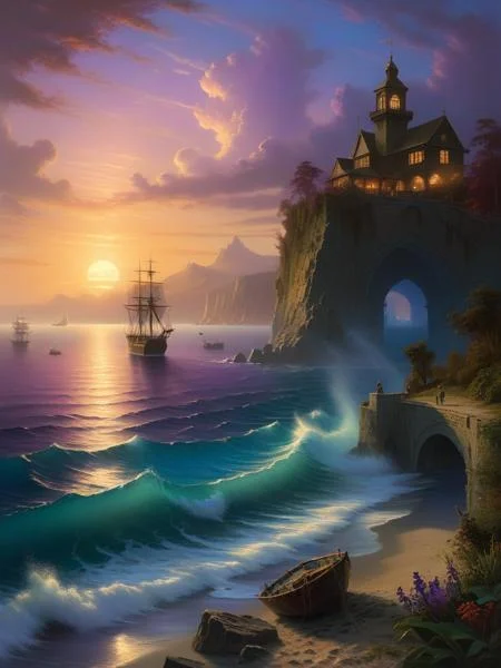 <lora:06NatureArt_Hap_XL:1>, Albert Bierstadt style, Generate an enchanting and surreal depiction of a world locked in perpetual twilight. Picture a captivating landscape where the boundaries between day and night blur into an everlasting twilight. The sky should be a mesmerizing blend of deep blues and soft purples, with a faint, ethereal glow on the horizon. Show a mystical terrain, featuring delicate, bioluminescent flora and fauna that illuminate the landscape with gentle, otherworldly radiance. Let the scene emanate a sense of tranquility, mystery, and a touch of magic. Focus on intricate details and realism to create an image that transports viewers to this captivating twilight realm,The city is situated on the sea, surrounded by a circular shape of water, creating a picturesque setting. Its overall appearance resembles a multi-layered cake, with each tier rising above the other. At the highest point of the city, water flows downward into the sea, creating a dynamic and captivating sight. The surface of the sea is dotted with anchored ships, adding to the maritime charm of the city. (sunset, gorgeous sky:1.2), digital painting,