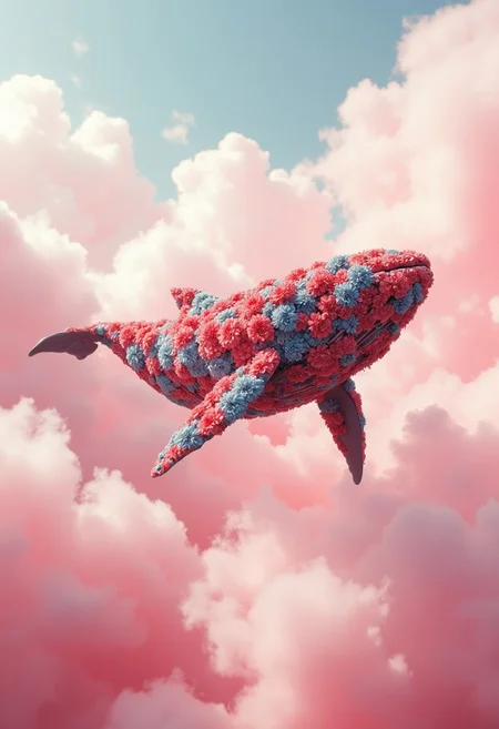 Ultra-realistic photo of a whale with skin made of red and blue flowers, floating in pink clouds. Minimum details, simple, surreal scene with soft lighting. Blurred background. shot taken on Kodak Portra