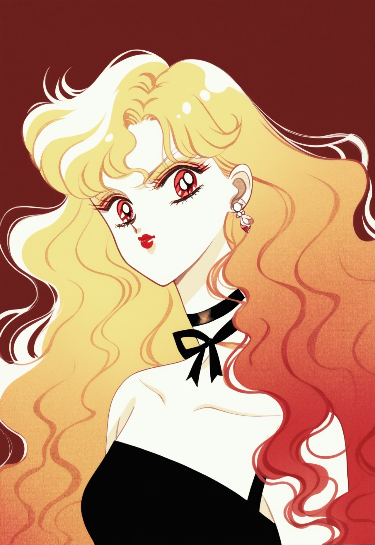 PonyXLV6_Scores BREAK Naoko Takeuchi Style, 1girl, solo, long hair, blonde hair, red hair, gradient hair, mulitcolored hair, red eyes, dress, ribbon, jewelry, upper body, earrings, choker, nail polish, black dress, makeup, wavy hair, lipstick, red nails, retro artstyle, ribbon choker,, trending on pixiv,  WatercolorMangaPDXL