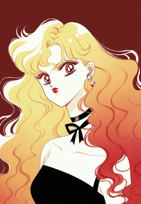 PonyXLV6_Scores BREAK Naoko Takeuchi Style, 1girl, solo, long hair, blonde hair, red hair, gradient hair, mulitcolored hair, red eyes, dress, ribbon, jewelry, upper body, earrings, choker, nail polish, black dress, makeup, wavy hair, lipstick, red nails, retro artstyle, ribbon choker,, trending on pixiv, WatercolorMangaPDXL