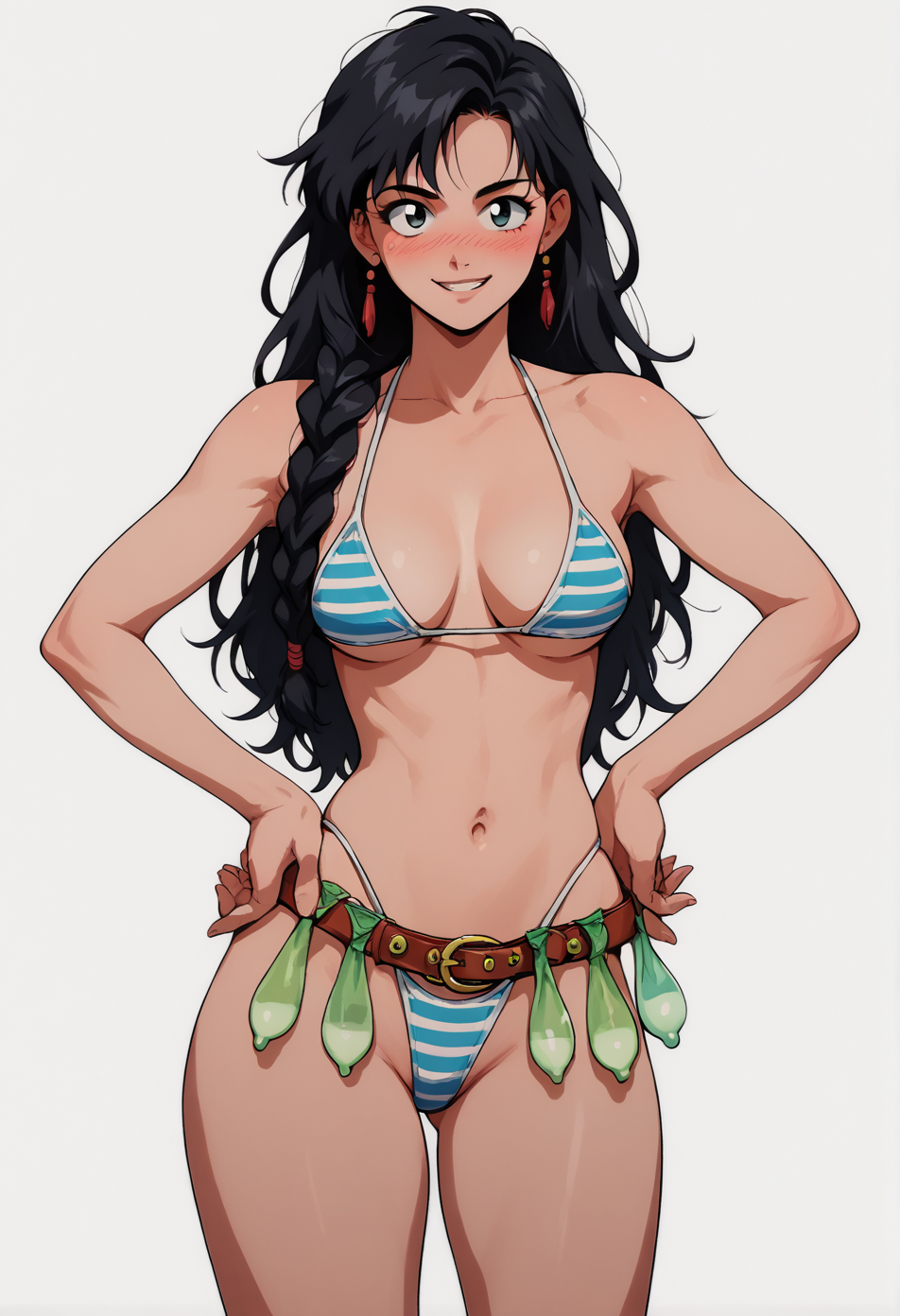 score_9, score_8_up, score_7_up, score_6_up, score_5_up, score_4_up,
1 girl,  view from front,
standing, hands on own hips,
looking at the viewer, smile, blush,
braid, long hair, black hair,
medium breasts, narrow waists, wide hips,
striped bikini, string bikini,
condom belt,
white background, simple background,
<lora:Concept_XL_Pony_Condom_Belt:1> 80swa <lora:90s4n1m3XLP:0.7> 90s4n1m3,