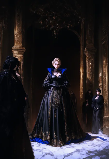 Gothic style masterpiece,high score,great score,absurdres,  ., a group of people standing in the snow in front of a house with a car parked in front of it [21],, <lora:br3k1ngd0un:1>,(br3k1ngd0un, realistic, Clarice Beckett, international gothic, dark shadows),, fine art parody [3], <lora:Haut3C0t0ur3V01:0.6>, (haut3c0t0ur3v01, style, haut3c0t0ur3, Alexander McQueen, fantastically gaudy),, gloves [1], Luxury, Gold, silver, black, purple . Dark, mysterious, haunting, dramatic, ornate, detailed