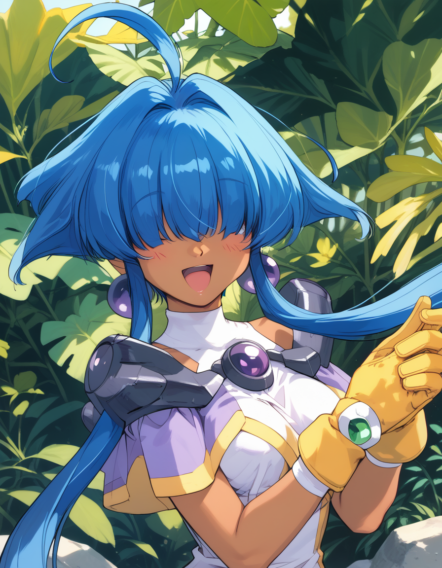 cacao, long_bangs, hair over eyes, long hair, short hair with long locks, blue hair, sidelocks, dark-skinned female, ahoge, dark skin, thigh gap, medium breasts
earrings, jewelry, underwear, purple_dress, dress, white panties, yellow gloves, boots
1990s (style), retro artstyle,
<lora:cacao_lambda_pony_v1:1>
standing, dynamic pose ,
open mouth, blush,light smile
looking at viewer,(upper body, close-up:1.3),
outdoors,, masterpiece, best quality, score_9, score_8_up, score_7_up, best quapoty, highres, absurdres, source_anime, zPDXL2, 1girl,